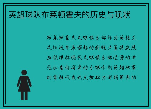 英超球队布莱顿霍夫的历史与现状