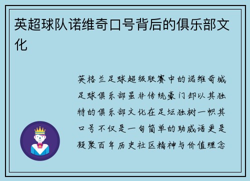 英超球队诺维奇口号背后的俱乐部文化